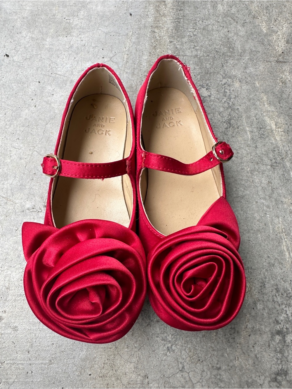 Janie and Jack Girls' Red Satin Mary Jane Shoes with Rosette Detail Size 9